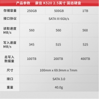 康佳/KONKA 250G固态硬盘 2.5英寸 SATA3.0接口 K520系列