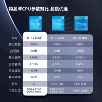 英特尔（Intel）12代 酷睿 i3-12100F 处理器 4核8线程 单核睿频至高可达4.3Ghz 散片